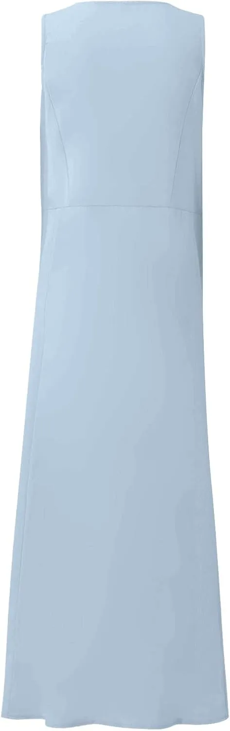 Maxi Dress for Women,2024 Summer Trendy Plain Plus Size Cotton Linen Dress,Casual Crewneck Sleeveless Flowy Sundress