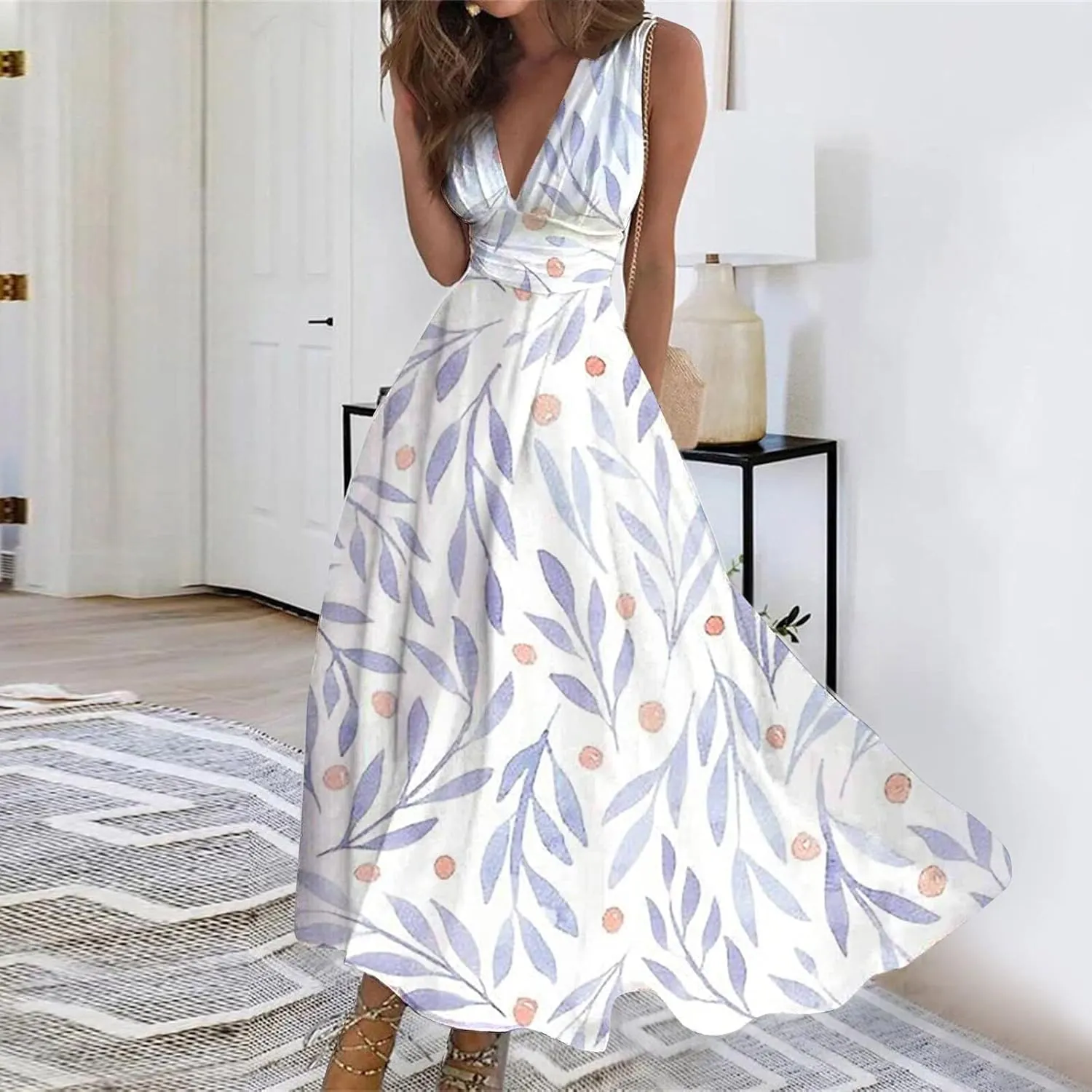Maxi Dresses for Women 2024 Elegant Wrap V Neck Sleeveless Summer Dress Trendy Floral Print Flowy Beach Dress