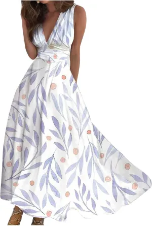 Maxi Dresses for Women 2024 Elegant Wrap V Neck Sleeveless Summer Dress Trendy Floral Print Flowy Beach Dress