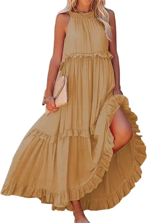 Maxi Dresses for Women 2025 Halter Flowy Ruffle Tiered Long Dress Casual Summer A Line Swing Beach Sundress