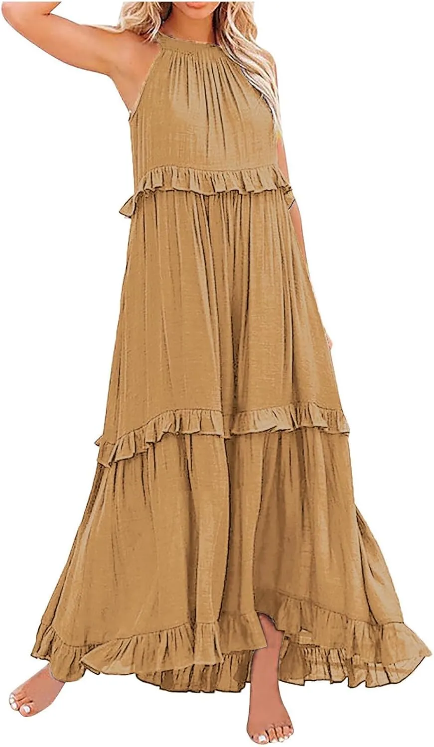 Maxi Dresses for Women 2025 Halter Flowy Ruffle Tiered Long Dress Casual Summer A Line Swing Beach Sundress