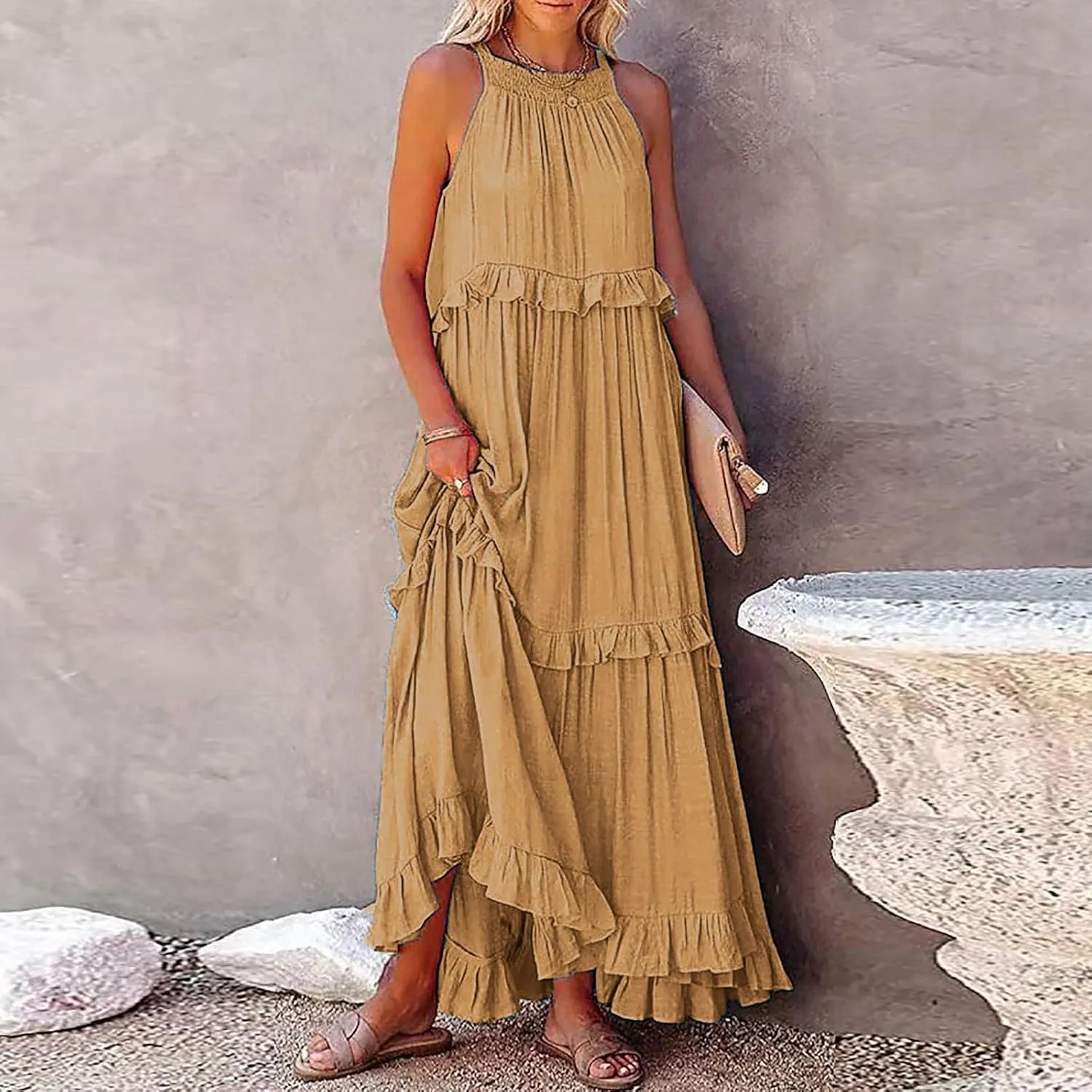 Maxi Dresses for Women 2025 Halter Flowy Ruffle Tiered Long Dress Casual Summer A Line Swing Beach Sundress