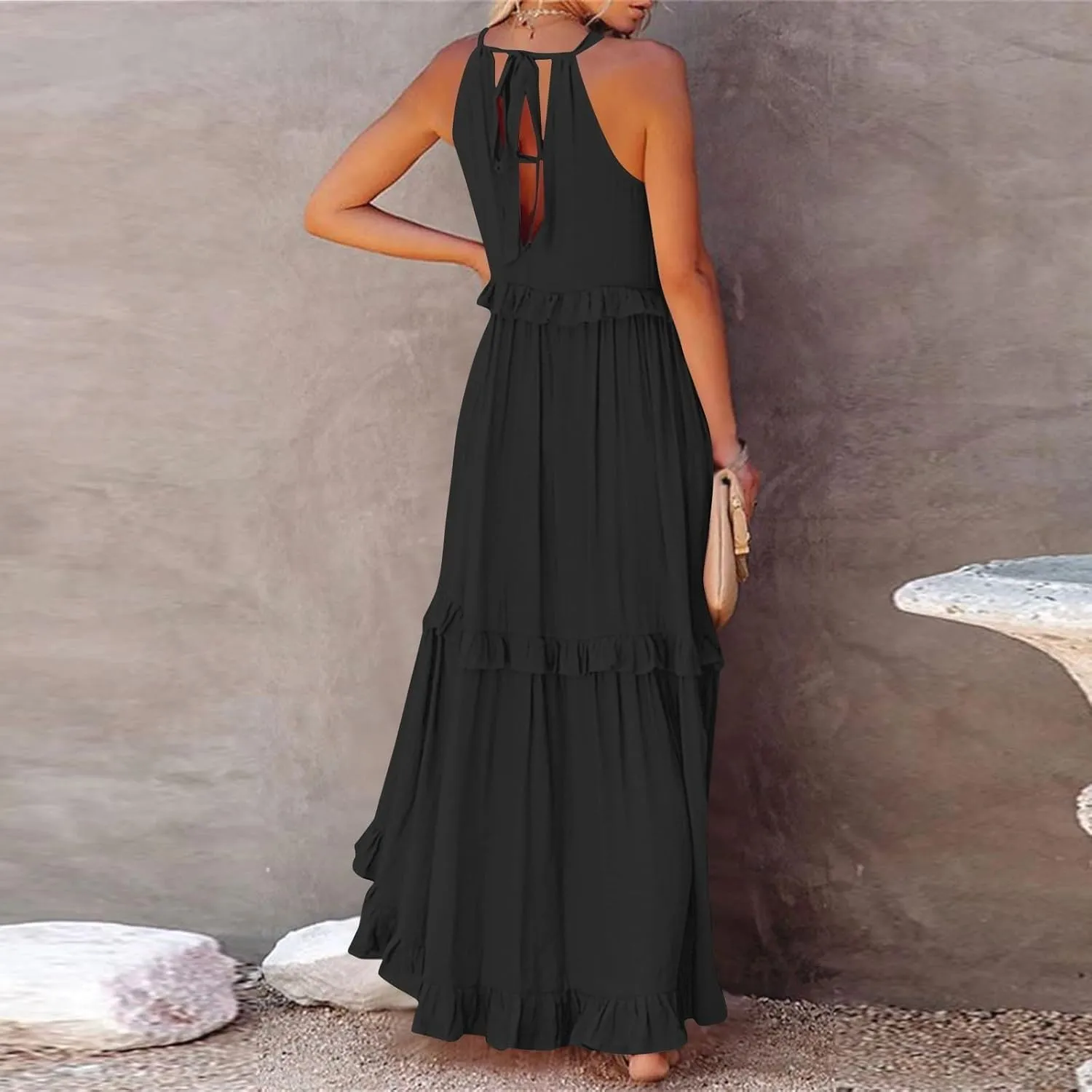 Maxi Dresses for Women 2025 Summer Sleeveless Halter Neck Tea Party Flowy Vacation Tiered Loose Long Dress