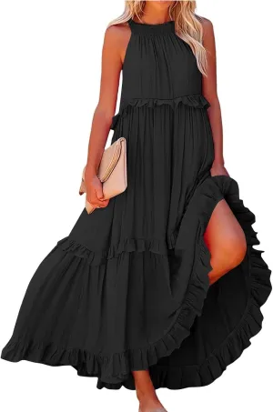 Maxi Dresses for Women 2025 Summer Sleeveless Halter Neck Tea Party Flowy Vacation Tiered Loose Long Dress