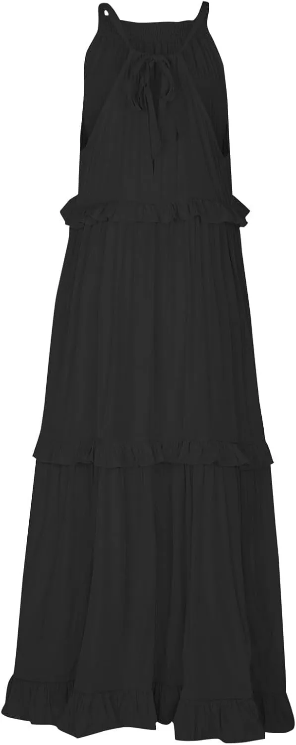 Maxi Dresses for Women 2025 Summer Sleeveless Halter Neck Tea Party Flowy Vacation Tiered Loose Long Dress