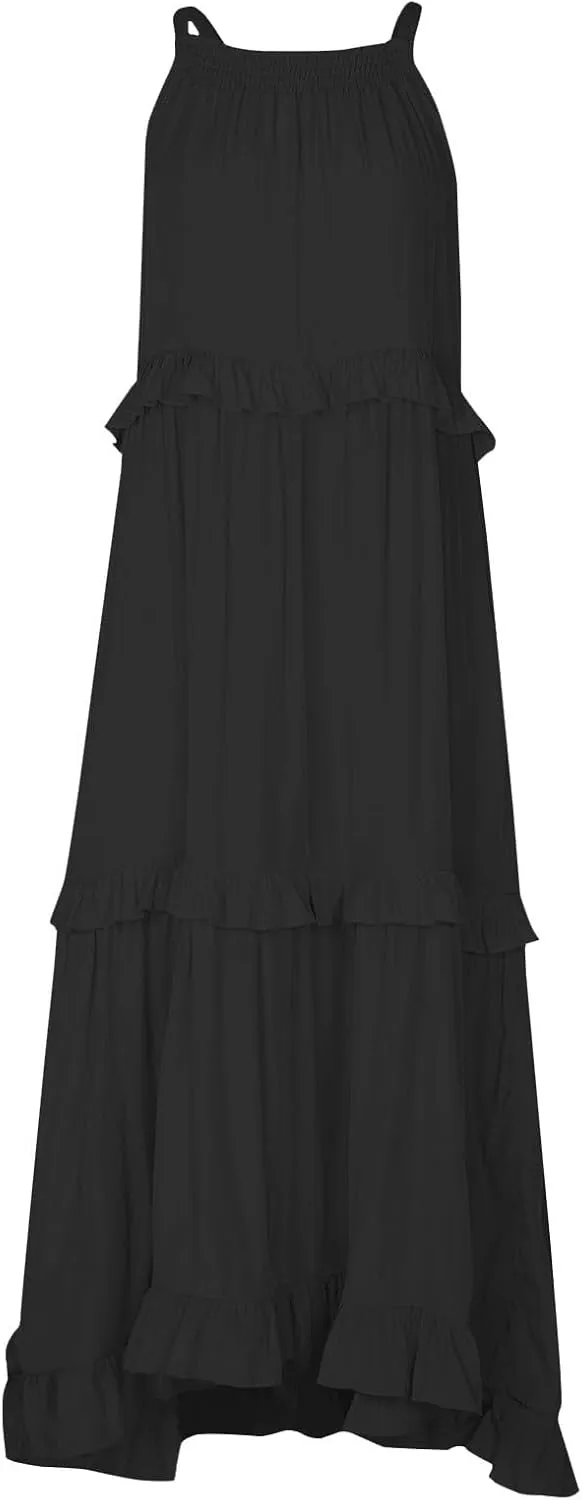 Maxi Dresses for Women 2025 Summer Sleeveless Halter Neck Tea Party Flowy Vacation Tiered Loose Long Dress