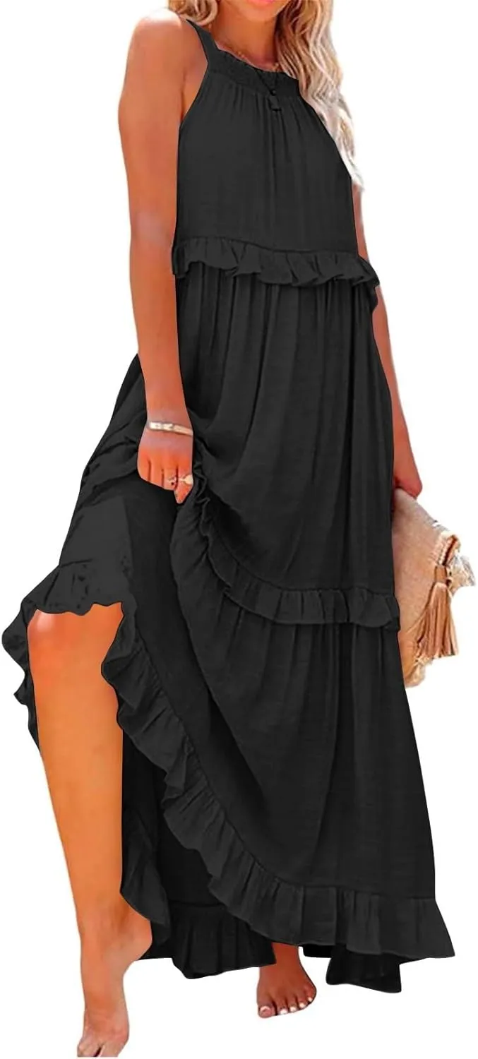 Maxi Dresses for Women 2025 Summer Sleeveless Halter Neck Tea Party Flowy Vacation Tiered Loose Long Dress