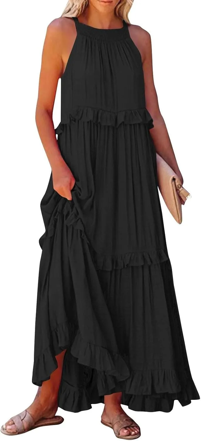 Maxi Dresses for Women 2025 Summer Sleeveless Halter Neck Tea Party Flowy Vacation Tiered Loose Long Dress