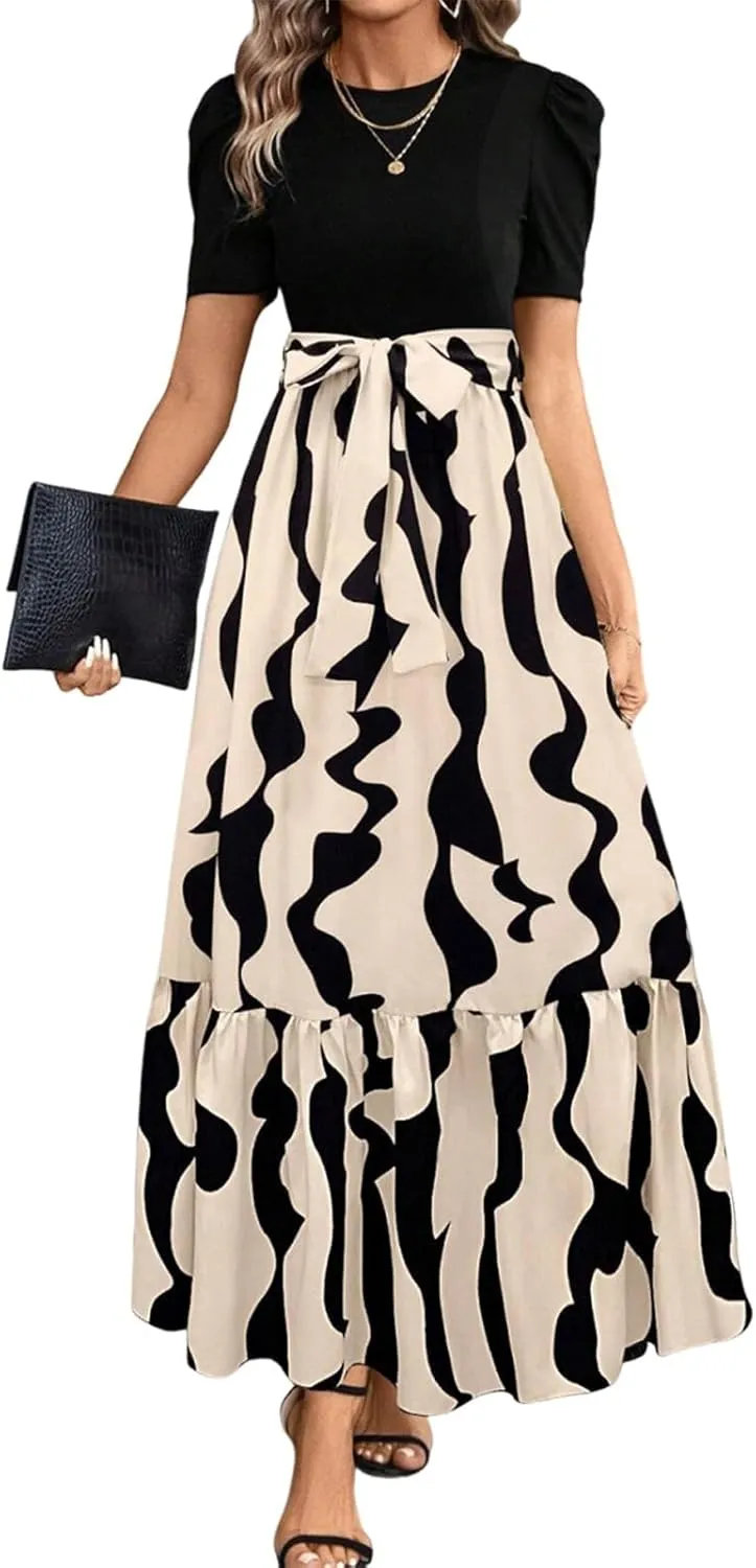 Maxi Dresses for Women 2025 Summer Tie Empire Waist Teacher Dress Casual Elegant Patchwork Flowy Ruffle Floral Dress