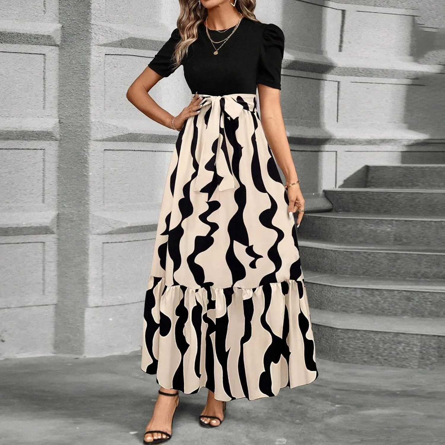 Maxi Dresses for Women 2025 Summer Tie Empire Waist Teacher Dress Casual Elegant Patchwork Flowy Ruffle Floral Dress
