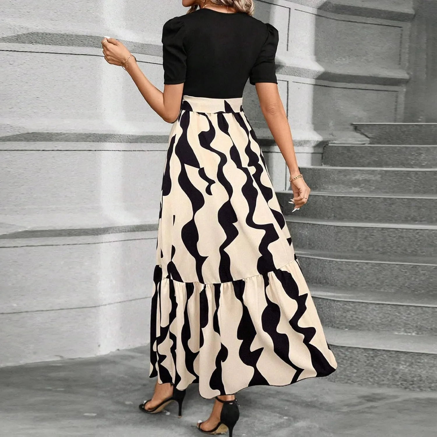 Maxi Dresses for Women 2025 Summer Tie Empire Waist Teacher Dress Casual Elegant Patchwork Flowy Ruffle Floral Dress