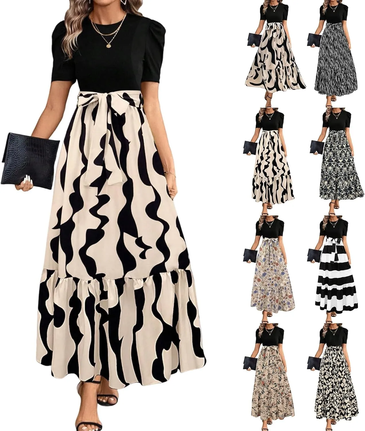 Maxi Dresses for Women 2025 Summer Tie Empire Waist Teacher Dress Casual Elegant Patchwork Flowy Ruffle Floral Dress