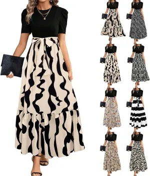 Maxi Dresses for Women 2025 Summer Tie Empire Waist Teacher Dress Casual Elegant Patchwork Flowy Ruffle Floral Dress