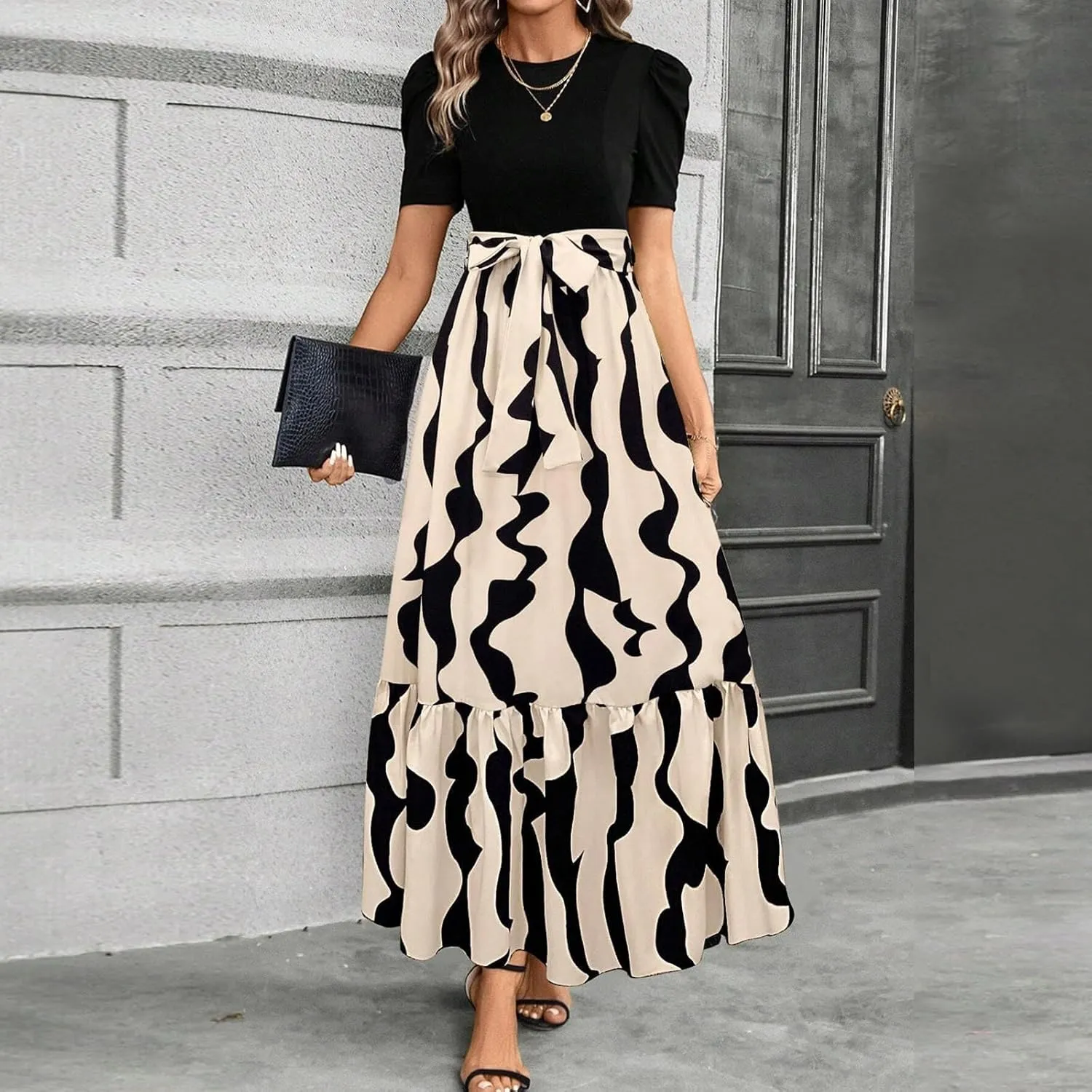 Maxi Dresses for Women 2025 Summer Tie Empire Waist Teacher Dress Casual Elegant Patchwork Flowy Ruffle Floral Dress