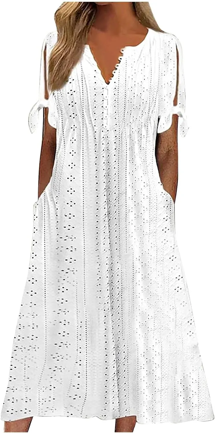 Maxi Dresses for Women 2025 Trendy Short Sleeve Eyelet Summer Dress V Neck Plus Size Casual Beach Vacation Sundress