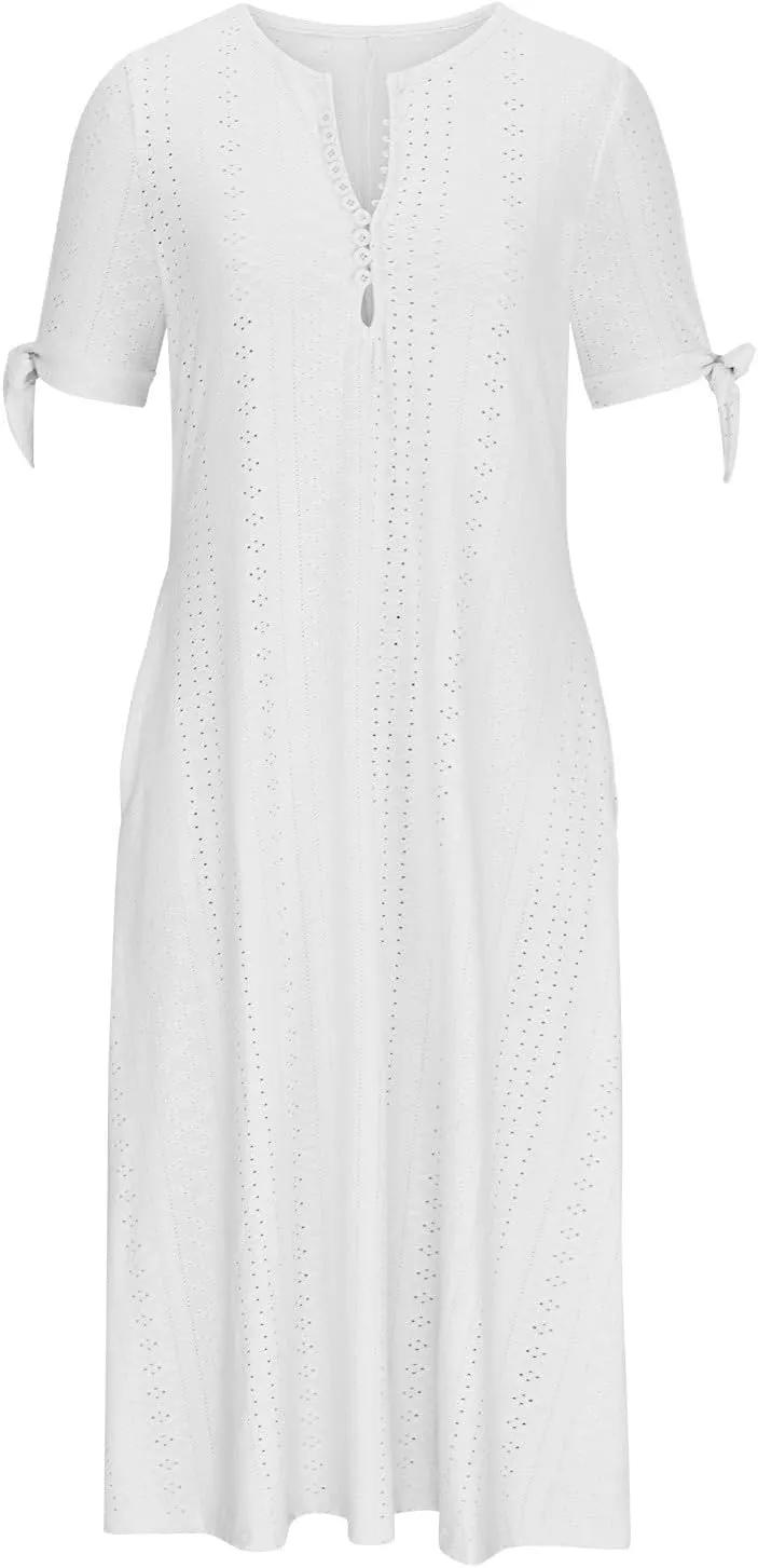 Maxi Dresses for Women 2025 Trendy Short Sleeve Eyelet Summer Dress V Neck Plus Size Casual Beach Vacation Sundress