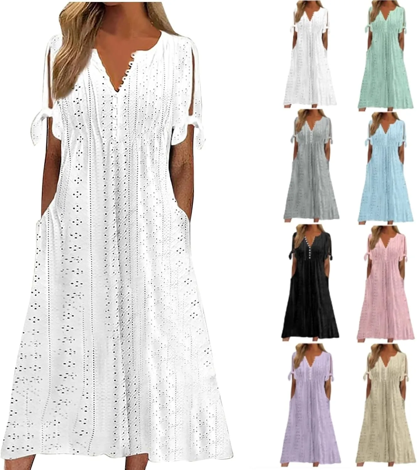 Maxi Dresses for Women 2025 Trendy Short Sleeve Eyelet Summer Dress V Neck Plus Size Casual Beach Vacation Sundress