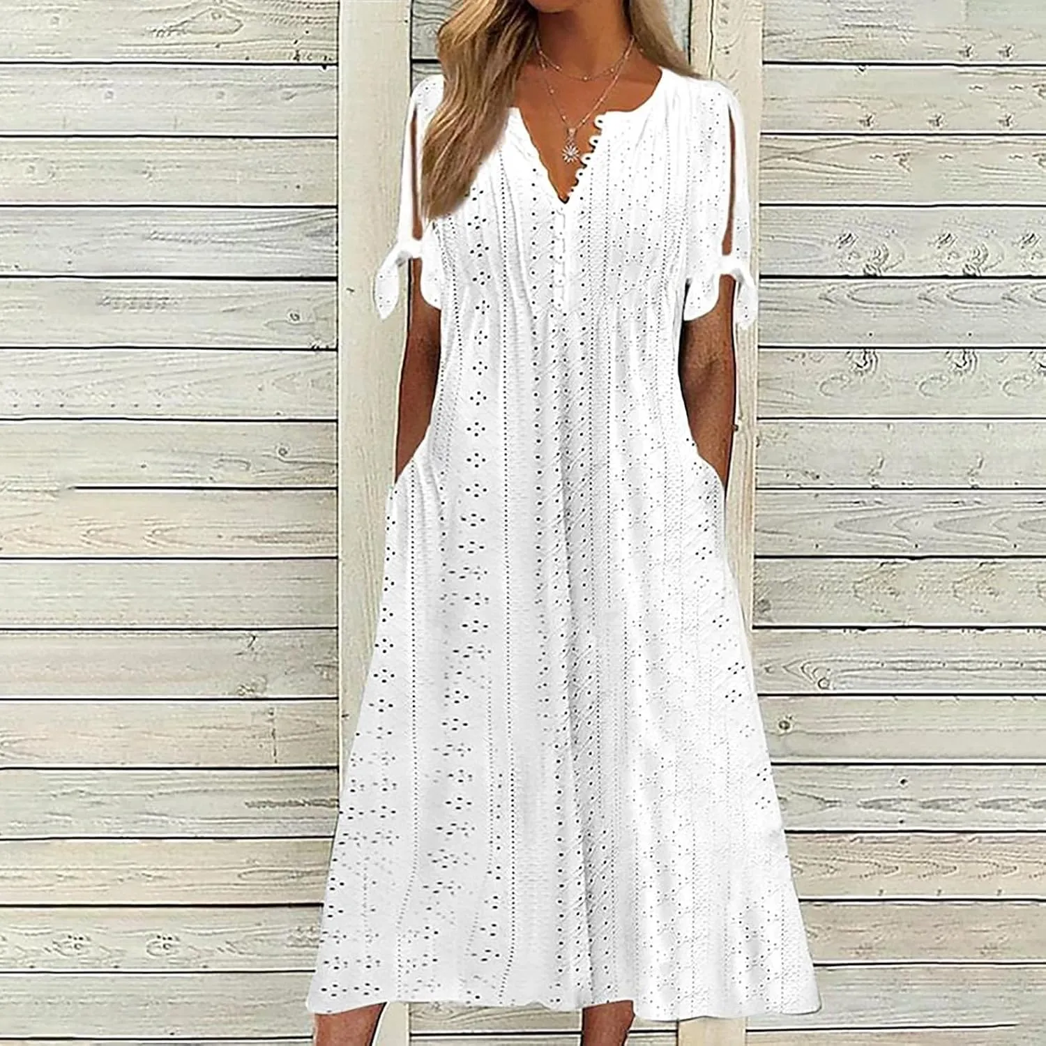 Maxi Dresses for Women 2025 Trendy Short Sleeve Eyelet Summer Dress V Neck Plus Size Casual Beach Vacation Sundress