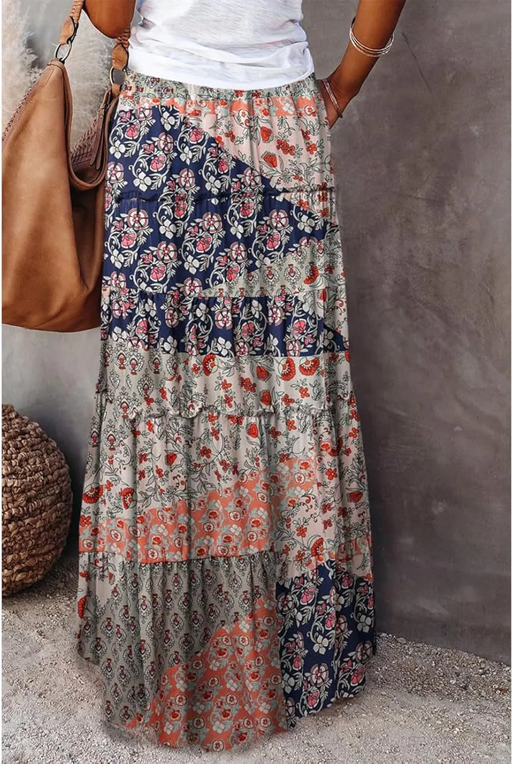 Maxi Skirt for Women 2025 Summer Layered Tiered Elastic Skirt Ruffle A Line Skirts Long Bohemian Skirts with Pockets