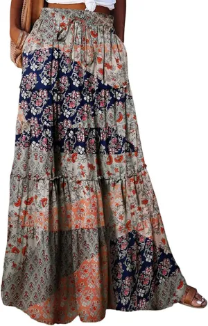 Maxi Skirt for Women 2025 Summer Layered Tiered Elastic Skirt Ruffle A Line Skirts Long Bohemian Skirts with Pockets