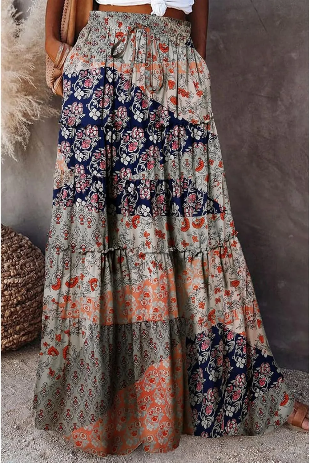 Maxi Skirt for Women 2025 Summer Layered Tiered Elastic Skirt Ruffle A Line Skirts Long Bohemian Skirts with Pockets