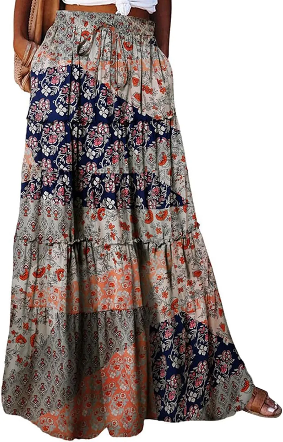 Maxi Skirt for Women 2025 Summer Layered Tiered Elastic Skirt Ruffle A Line Skirts Long Bohemian Skirts with Pockets
