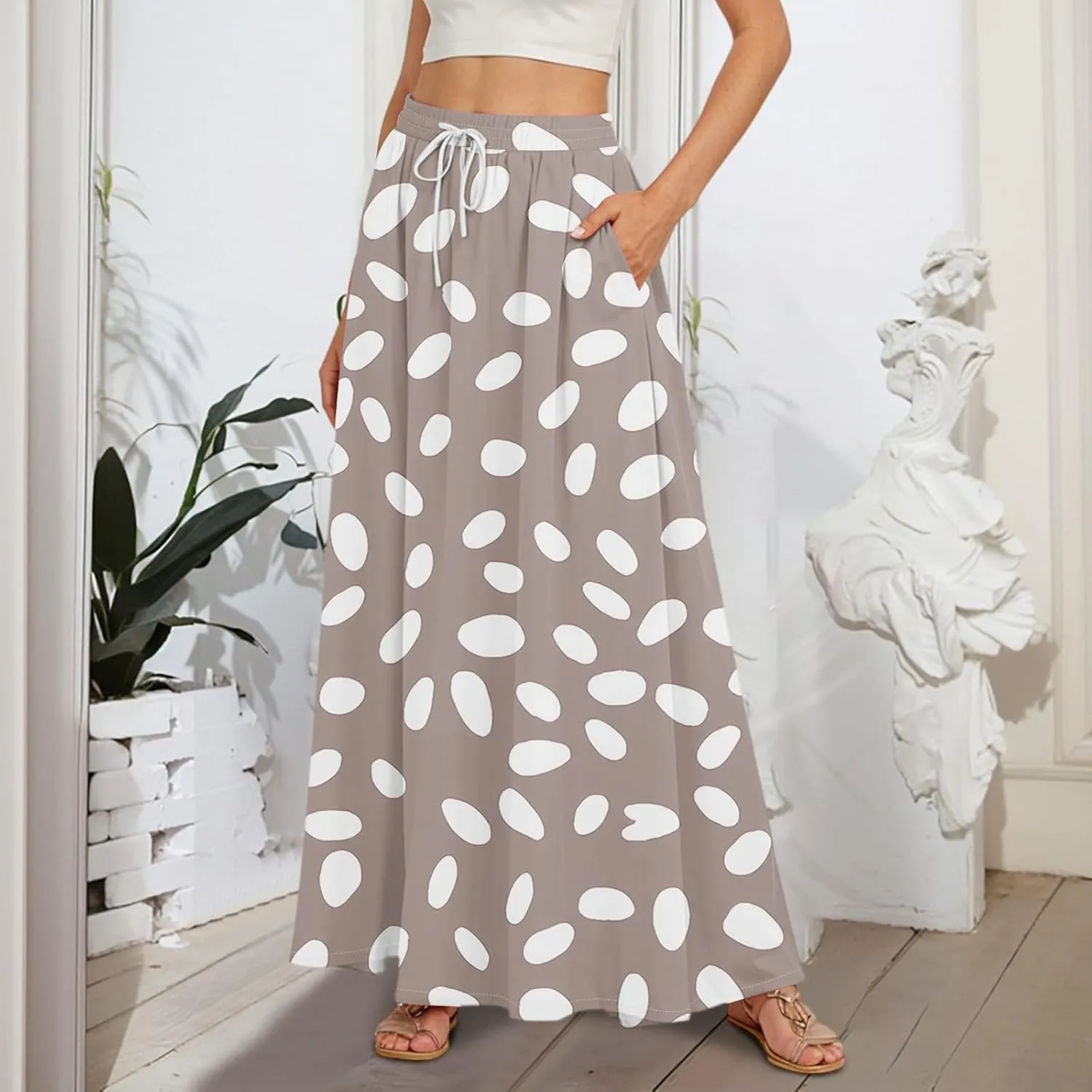 Maxi Skirt for Women 2025 Tall Summer Drawstring High Waisted Aline Skirt Loose Pleated Long Boho Skirts with Pockets