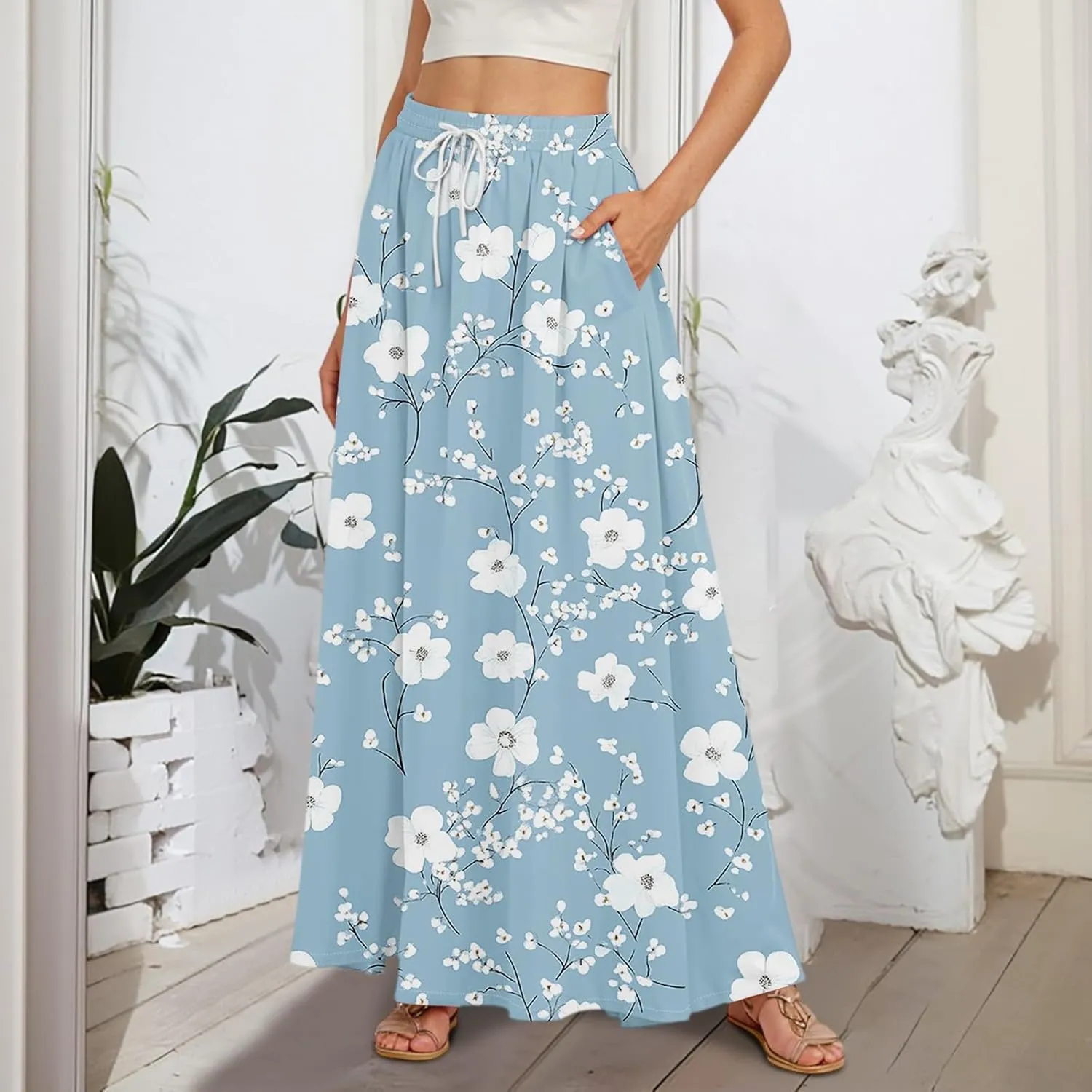 Maxi Skirt for Women 2025 Tall Summer Drawstring High Waisted Aline Skirt Loose Pleated Long Boho Skirts with Pockets