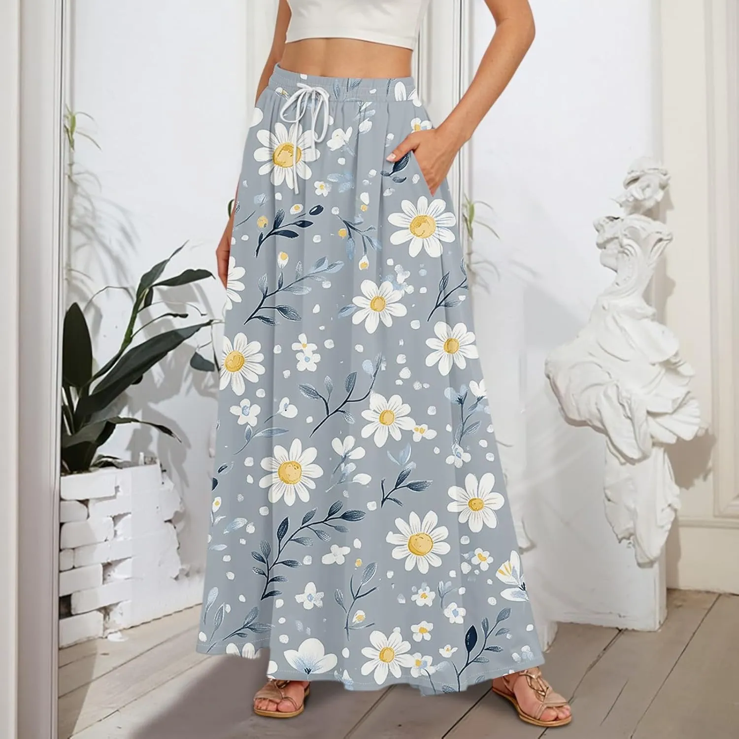 Maxi Skirt for Women 2025 Tall Summer Drawstring High Waisted Aline Skirt Loose Pleated Long Boho Skirts with Pockets