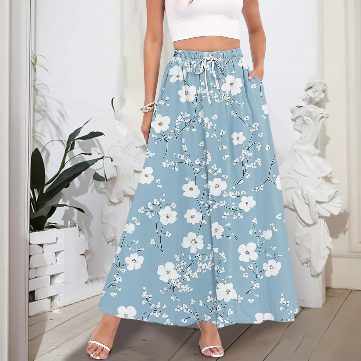 Maxi Skirt for Women 2025 Tall Summer Drawstring High Waisted Aline Skirt Loose Pleated Long Boho Skirts with Pockets
