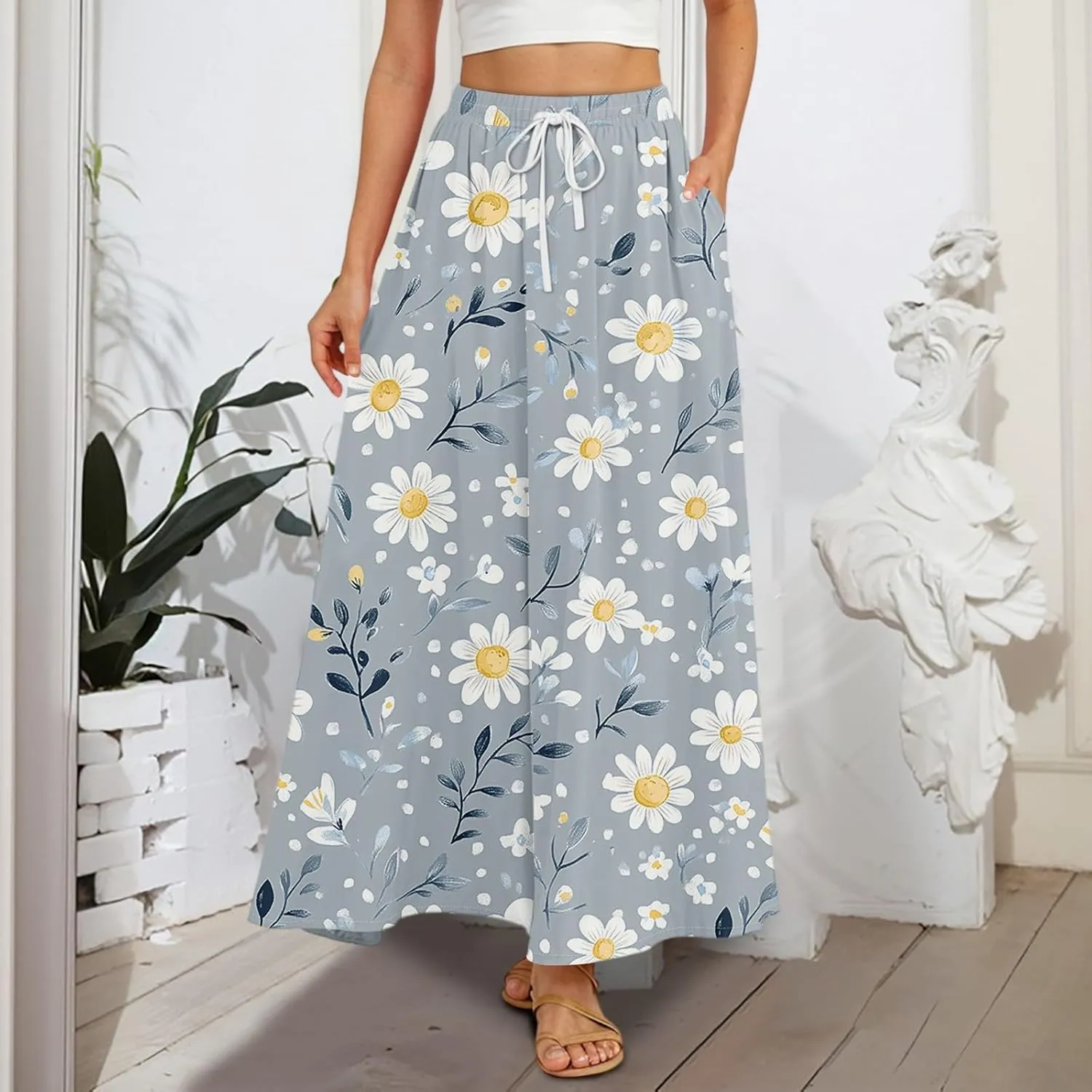 Maxi Skirt for Women 2025 Tall Summer Drawstring High Waisted Aline Skirt Loose Pleated Long Boho Skirts with Pockets