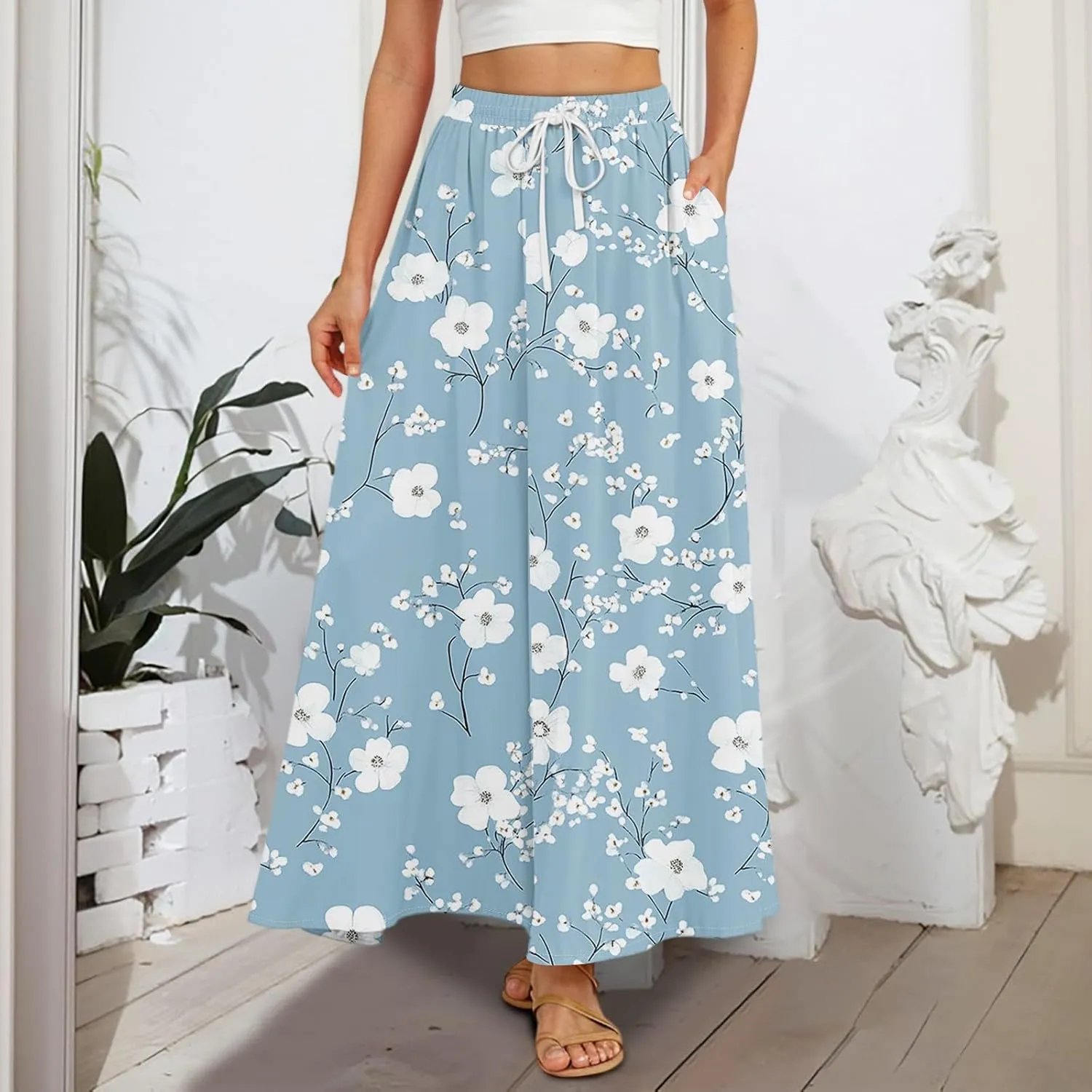 Maxi Skirt for Women 2025 Tall Summer Drawstring High Waisted Aline Skirt Loose Pleated Long Boho Skirts with Pockets