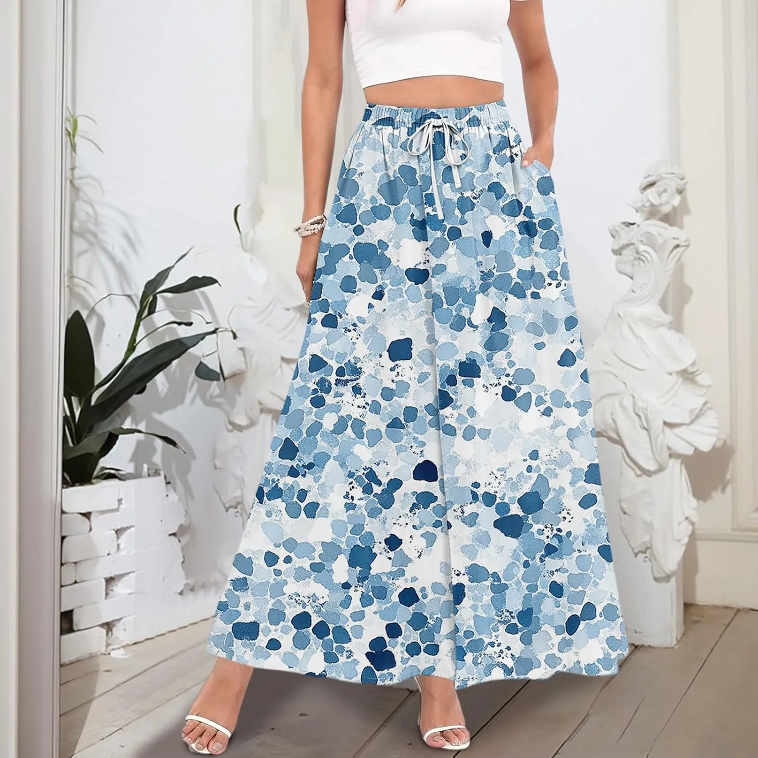 Maxi Skirt for Women 2025 Tall Summer Drawstring High Waisted Aline Skirt Loose Pleated Long Boho Skirts with Pockets