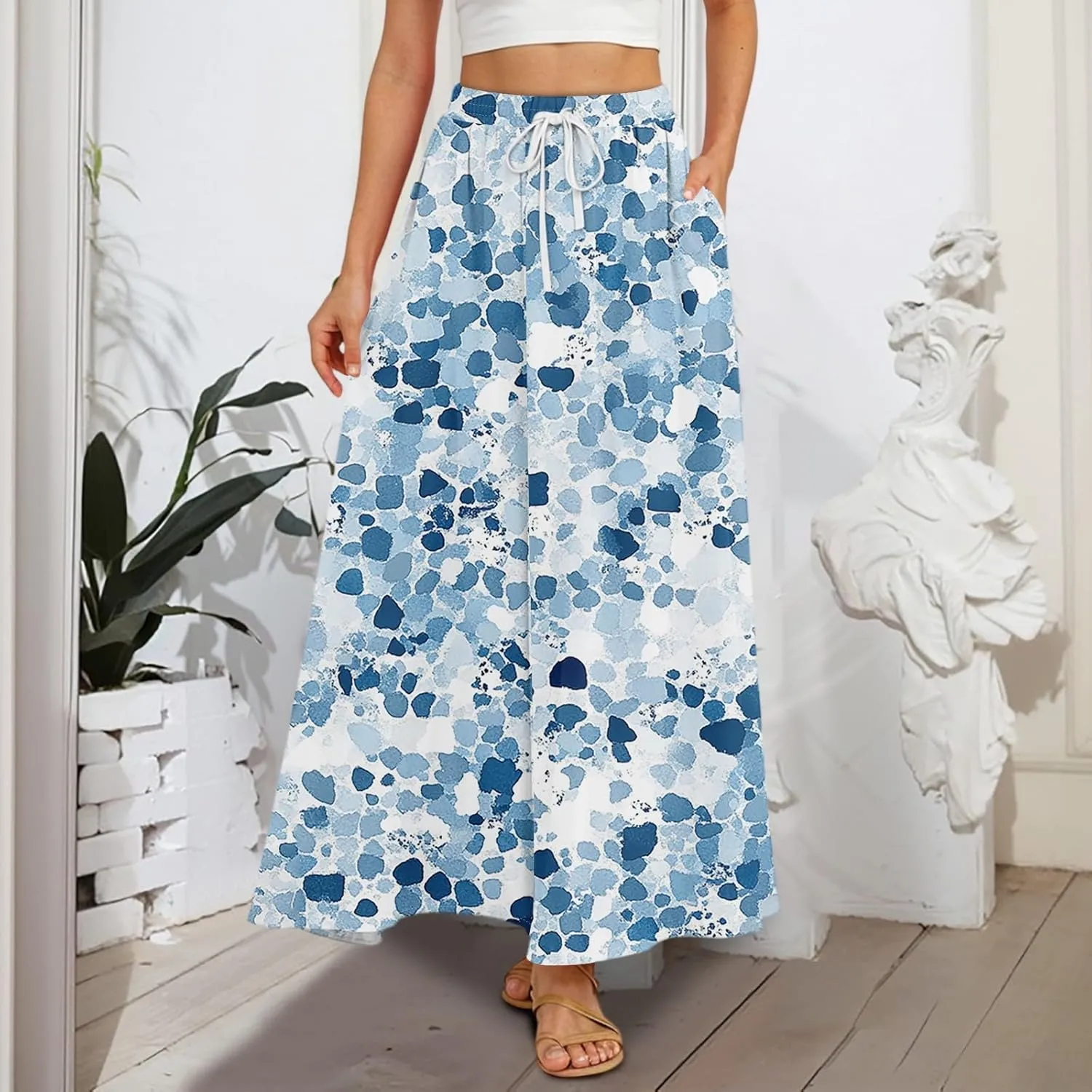 Maxi Skirt for Women 2025 Tall Summer Drawstring High Waisted Aline Skirt Loose Pleated Long Boho Skirts with Pockets