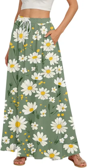 Maxi Skirt for Women 2025 Tall Summer Drawstring High Waisted Aline Skirt Loose Pleated Long Boho Skirts with Pockets