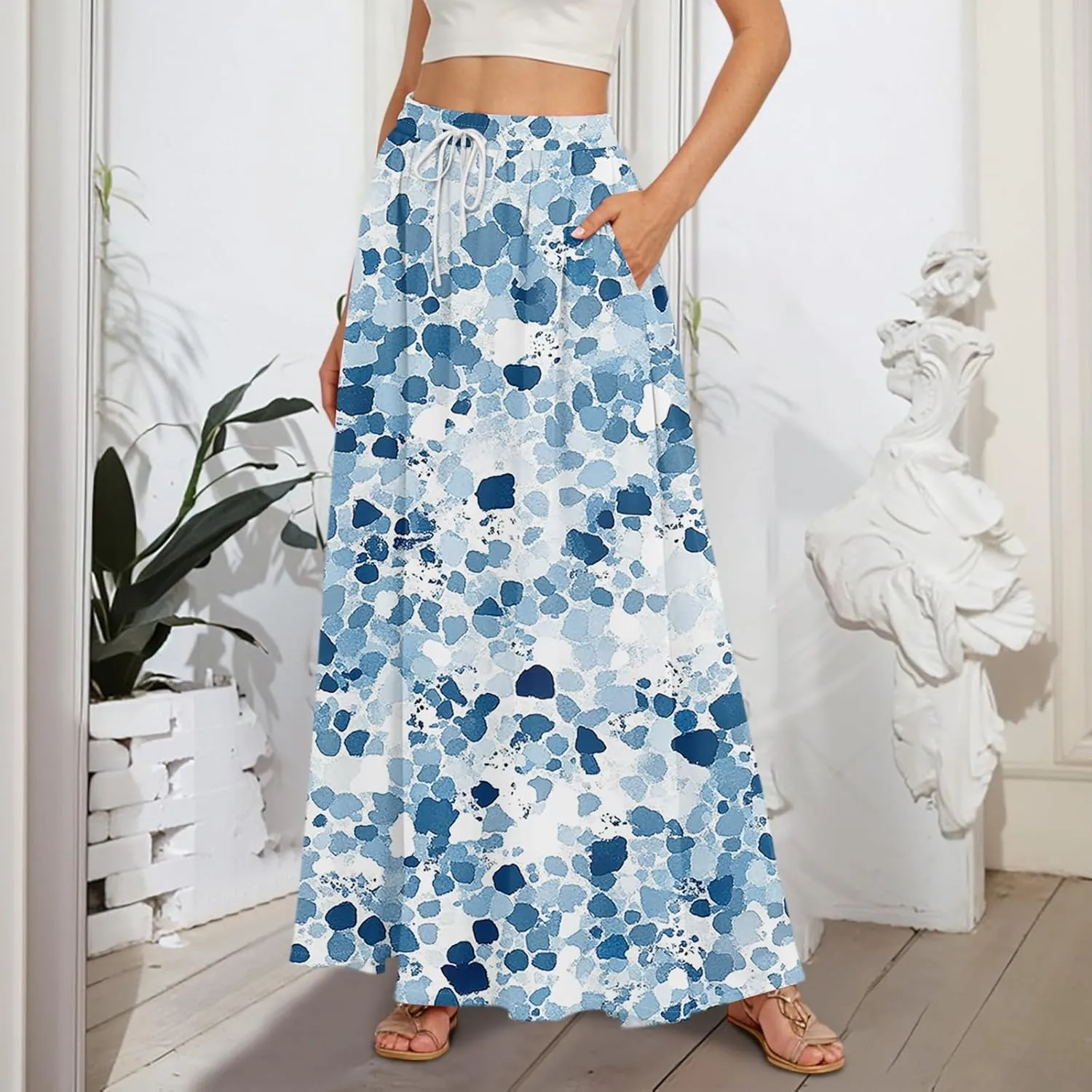Maxi Skirt for Women 2025 Tall Summer Drawstring High Waisted Aline Skirt Loose Pleated Long Boho Skirts with Pockets