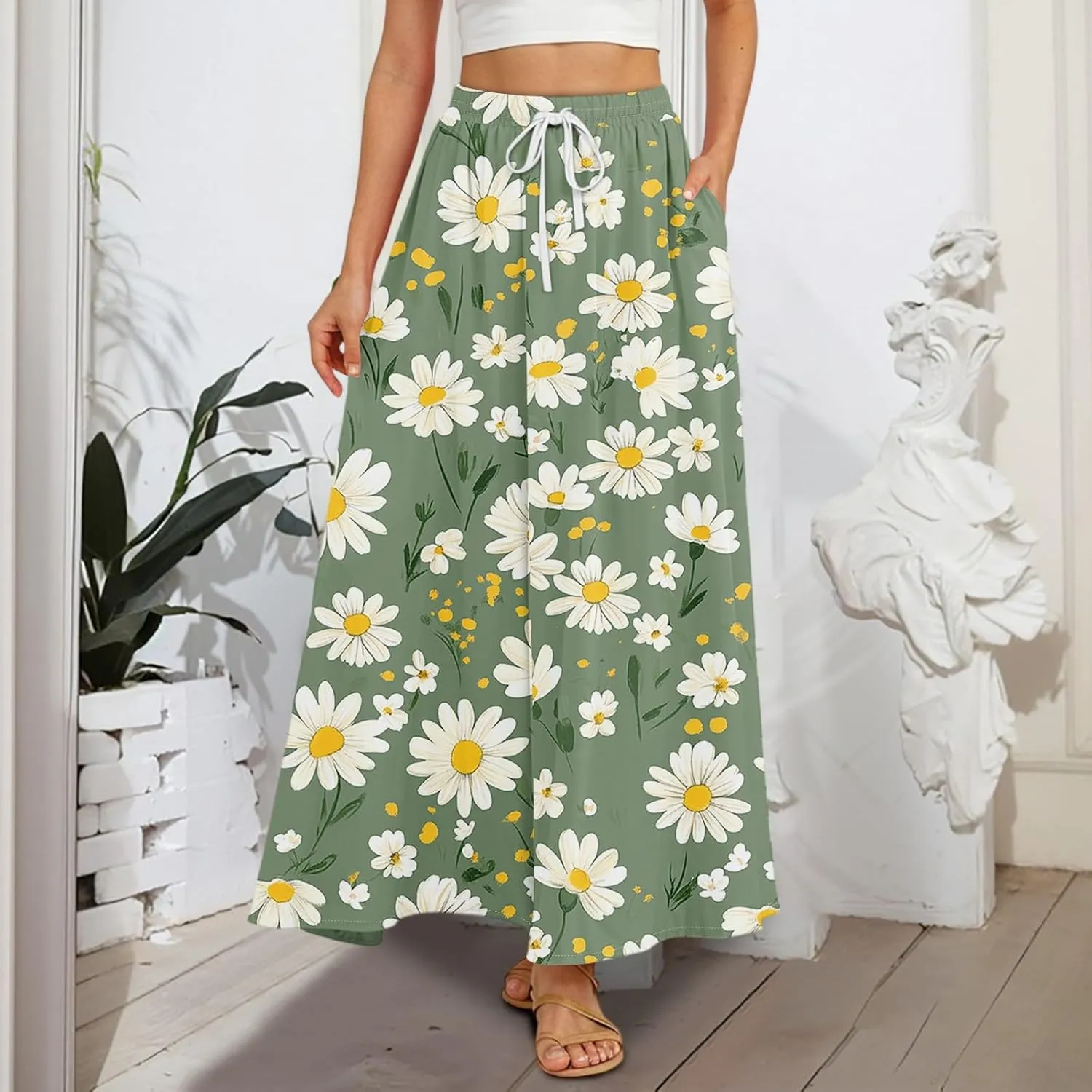Maxi Skirt for Women 2025 Tall Summer Drawstring High Waisted Aline Skirt Loose Pleated Long Boho Skirts with Pockets