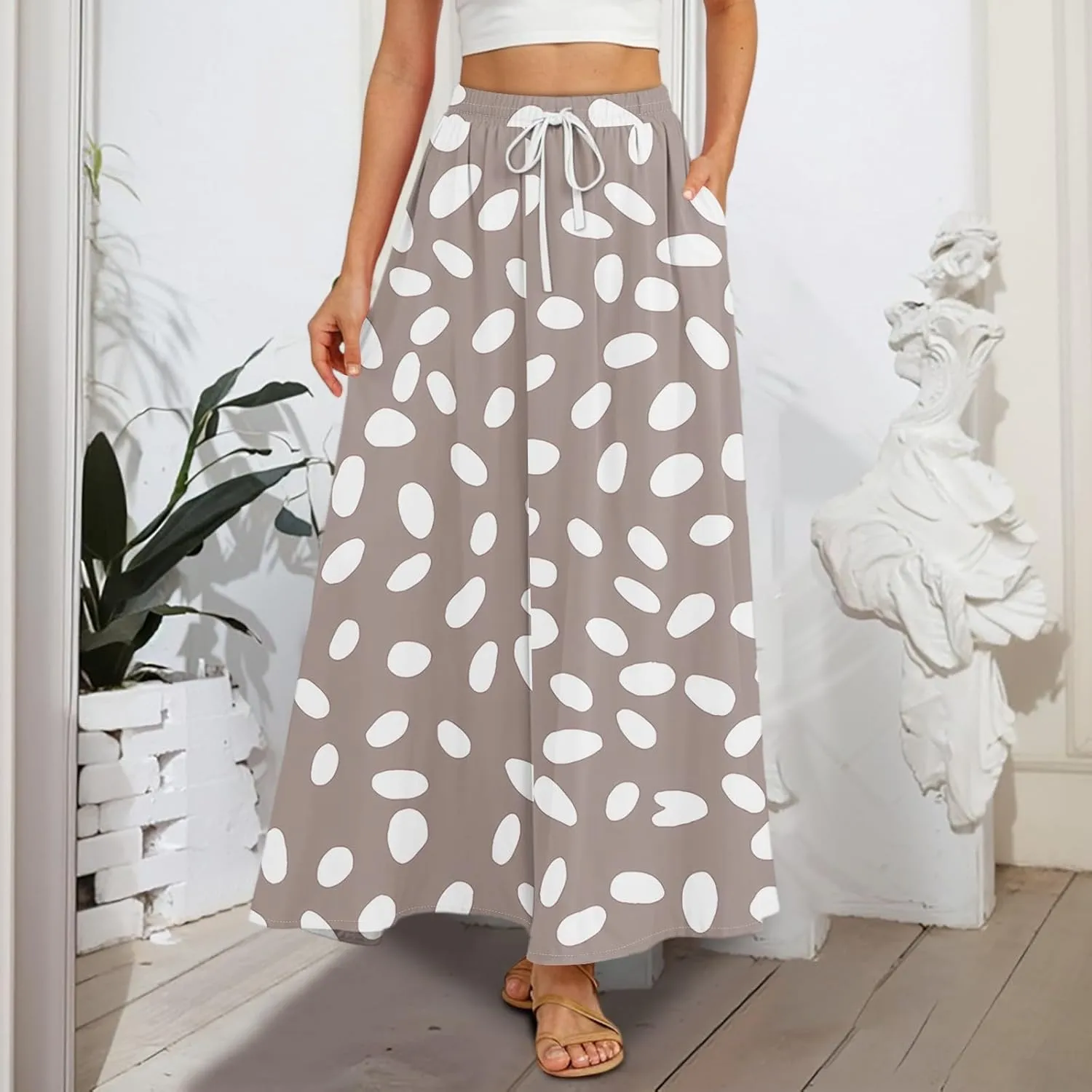 Maxi Skirt for Women 2025 Tall Summer Drawstring High Waisted Aline Skirt Loose Pleated Long Boho Skirts with Pockets