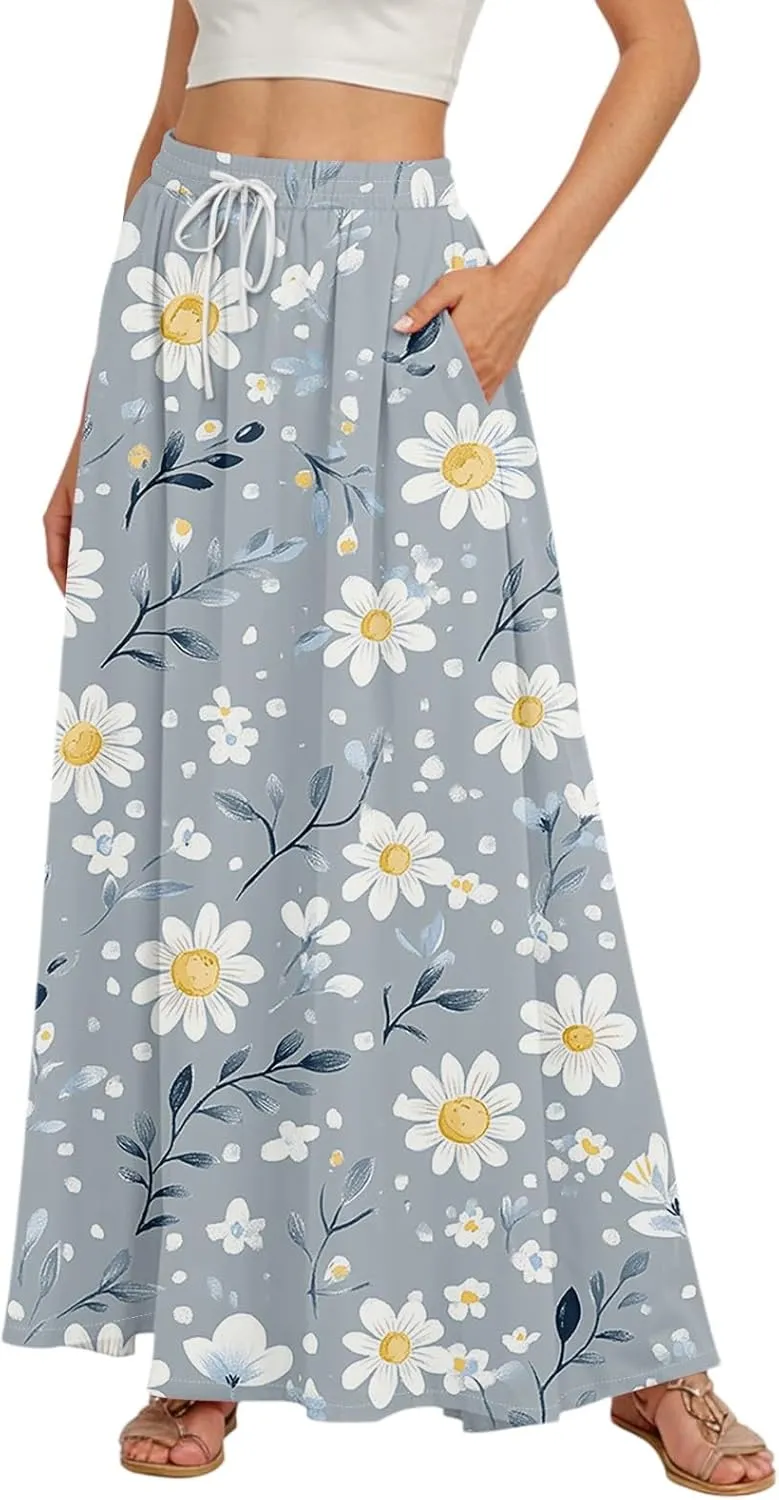 Maxi Skirt for Women 2025 Tall Summer Drawstring High Waisted Aline Skirt Loose Pleated Long Boho Skirts with Pockets