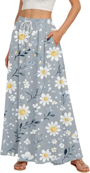 Maxi Skirt for Women 2025 Tall Summer Drawstring High Waisted Aline Skirt Loose Pleated Long Boho Skirts with Pockets