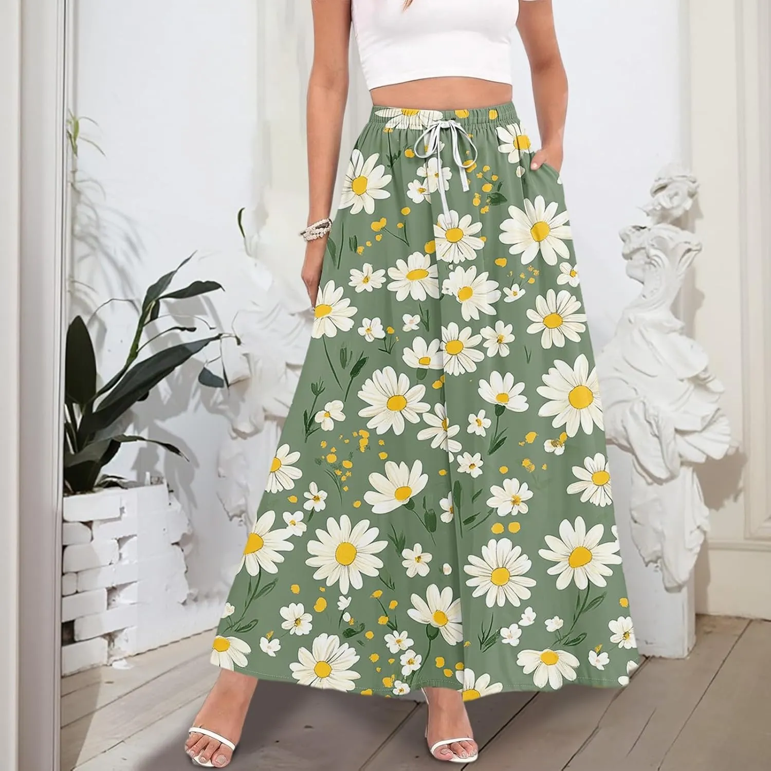 Maxi Skirt for Women 2025 Tall Summer Drawstring High Waisted Aline Skirt Loose Pleated Long Boho Skirts with Pockets