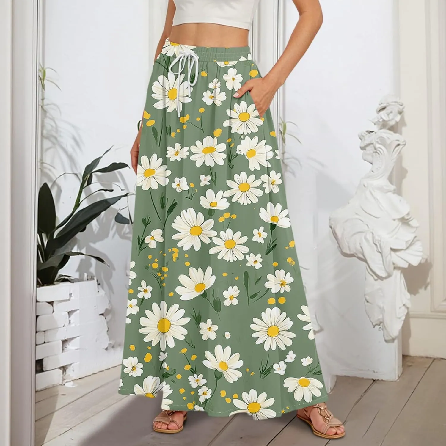 Maxi Skirt for Women 2025 Tall Summer Drawstring High Waisted Aline Skirt Loose Pleated Long Boho Skirts with Pockets