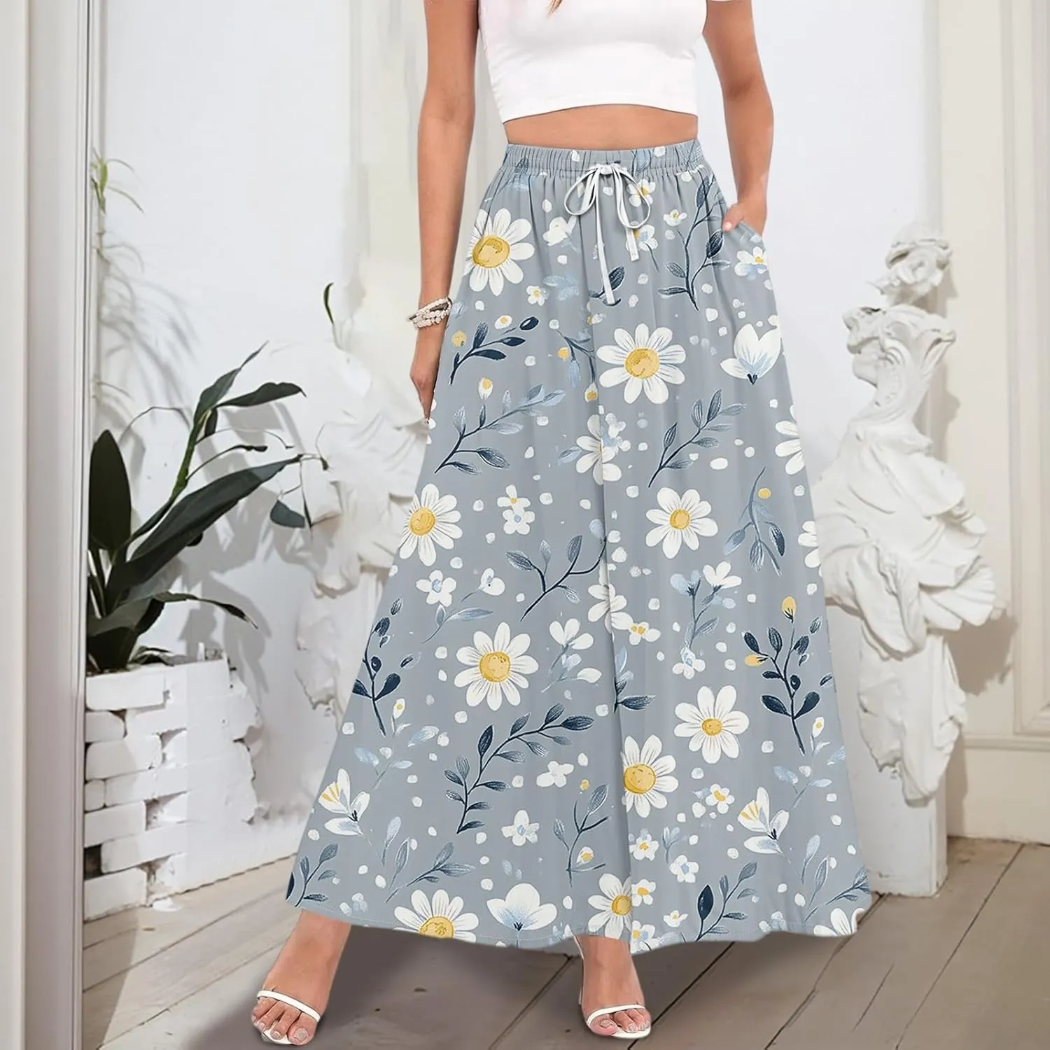 Maxi Skirt for Women 2025 Tall Summer Drawstring High Waisted Aline Skirt Loose Pleated Long Boho Skirts with Pockets