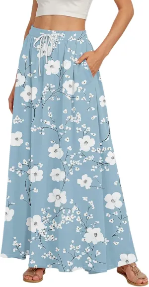 Maxi Skirt for Women 2025 Tall Summer Drawstring High Waisted Aline Skirt Loose Pleated Long Boho Skirts with Pockets