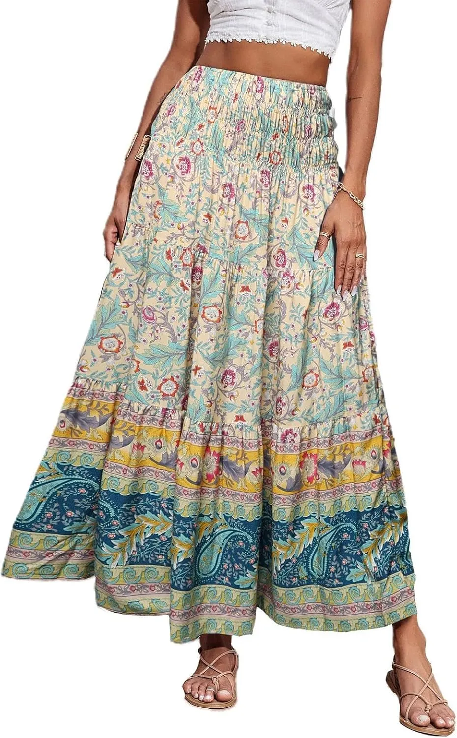 Maxi Skirt for Women Summer Layered Tiered High Waisted Beach Skirts Ruched A Line Skirts Fashion Skirt Long