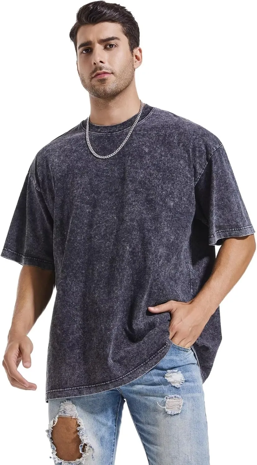 Mens 3 Pack Oversized T-Shirts Heavyweight Cotton Vintage Washed Boxy Tees Drop Shoulder Loose Fit Tshirt LTX007