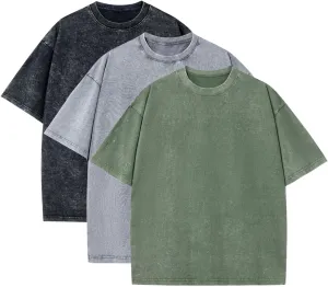 Mens 3 Pack Oversized T-Shirts Heavyweight Cotton Vintage Washed Boxy Tees Drop Shoulder Loose Fit Tshirt LTX007