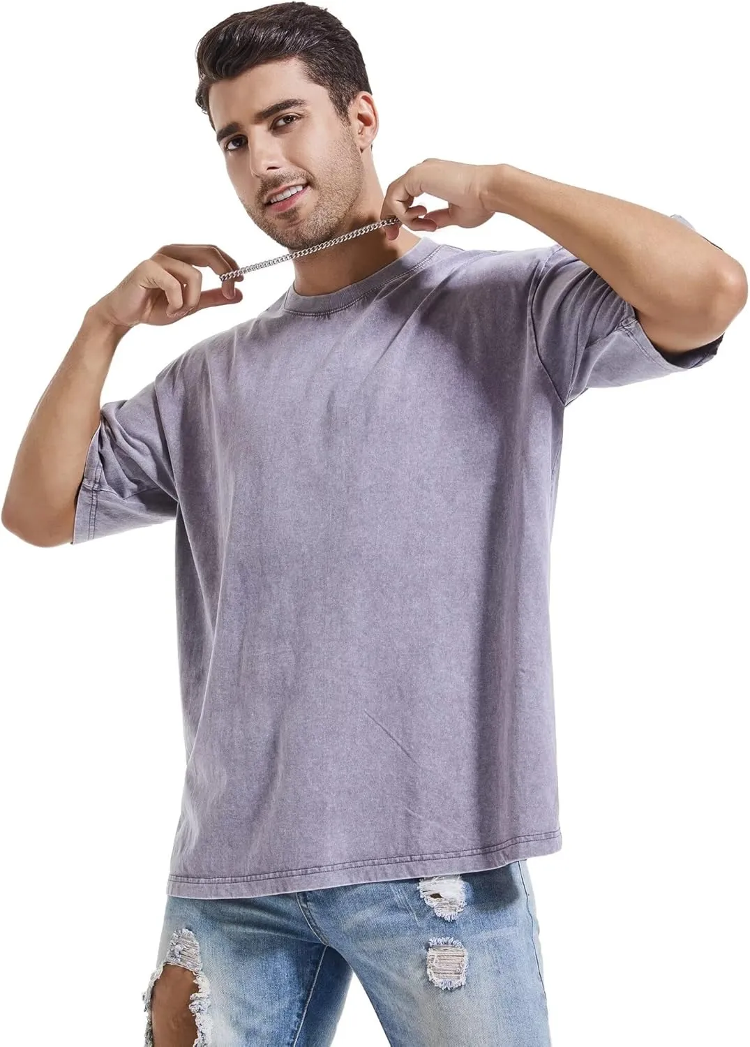 Mens 3 Pack Oversized T-Shirts Heavyweight Cotton Vintage Washed Boxy Tees Drop Shoulder Loose Fit Tshirt LTX007