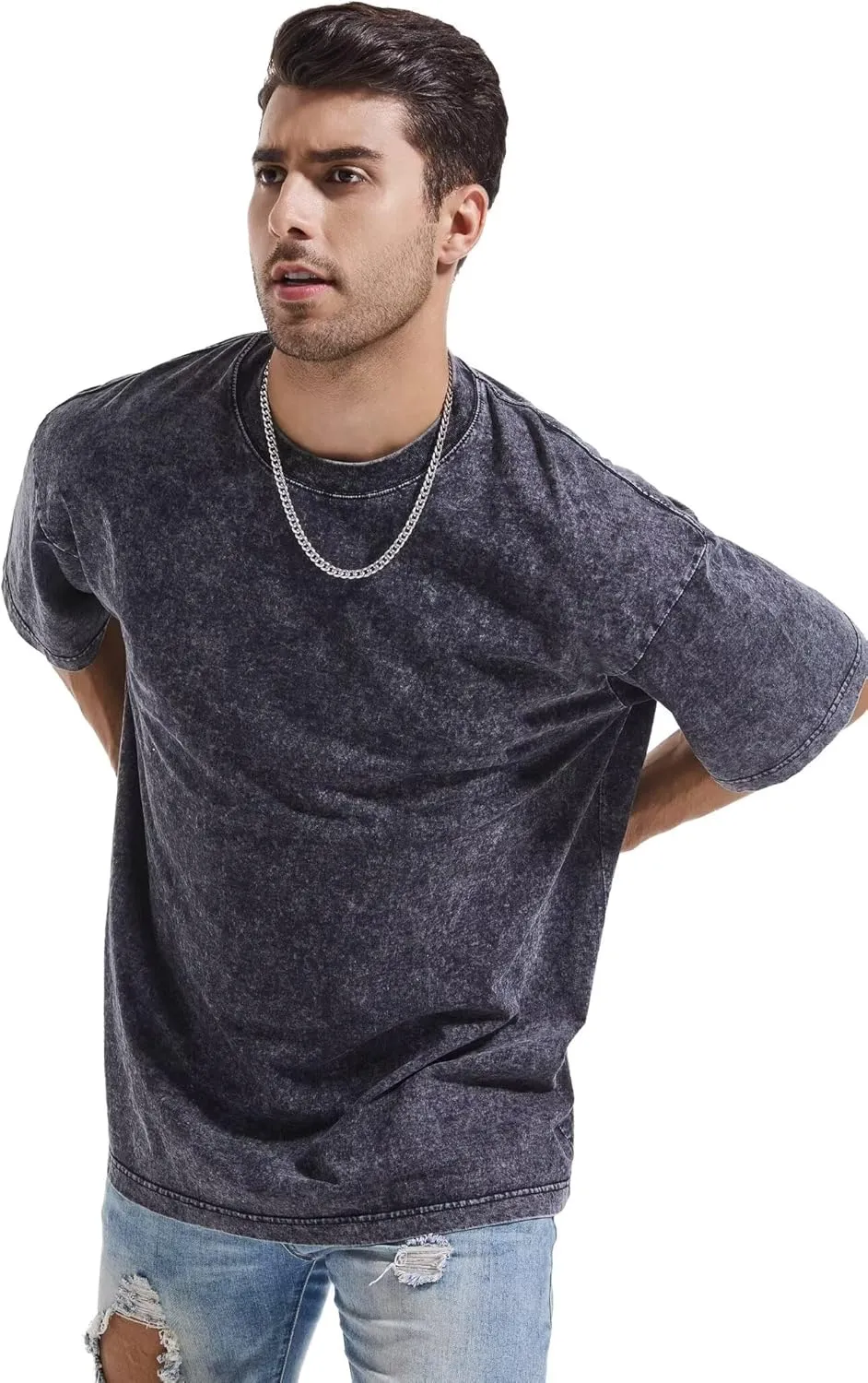 Mens 3 Pack Oversized T-Shirts Heavyweight Cotton Vintage Washed Boxy Tees Drop Shoulder Loose Fit Tshirt LTX007