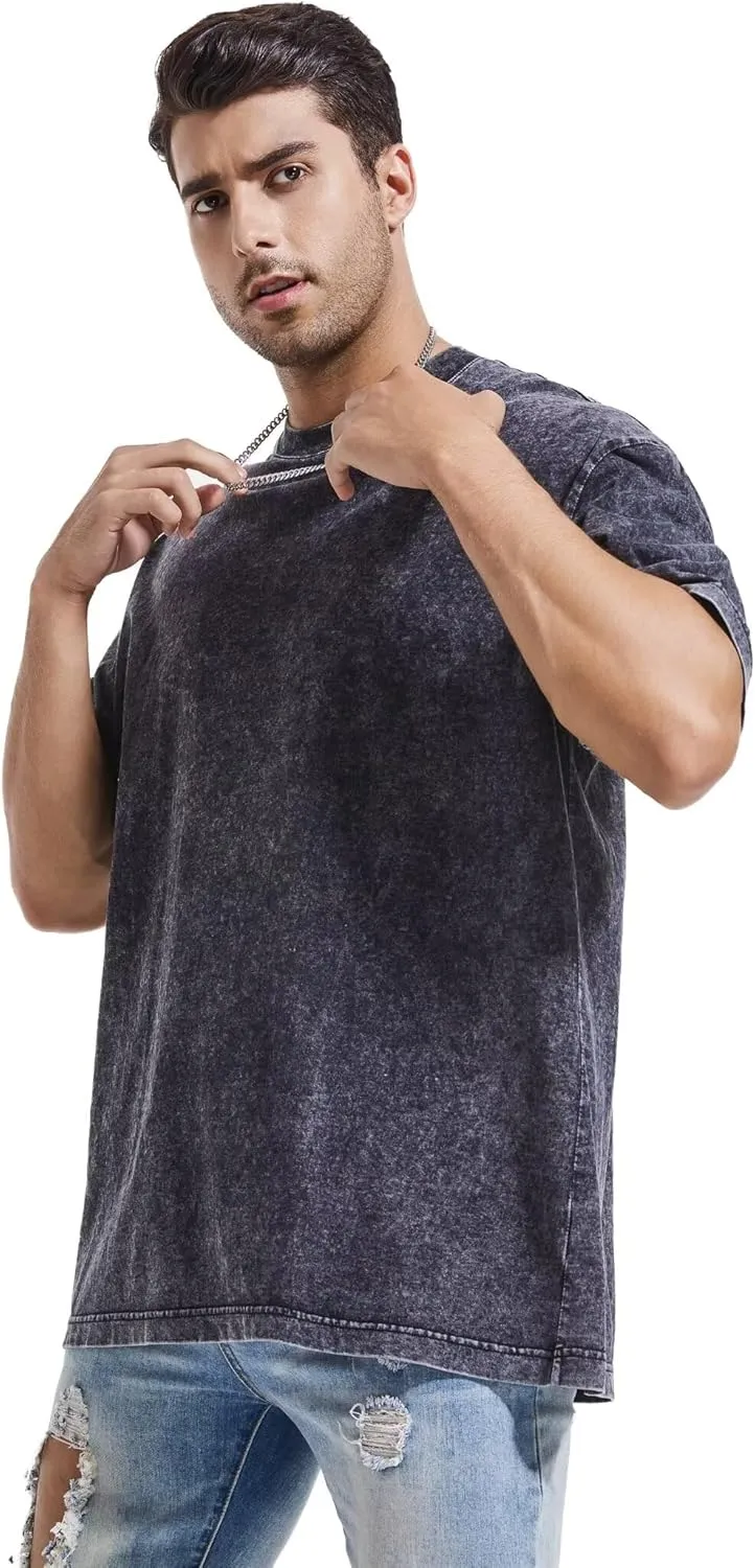 Mens 3 Pack Oversized T-Shirts Heavyweight Cotton Vintage Washed Boxy Tees Drop Shoulder Loose Fit Tshirt LTX007